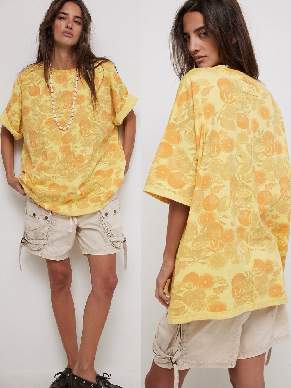 Free People Oversized Printed Devon Tee in Citrus Combo NEW Size Large